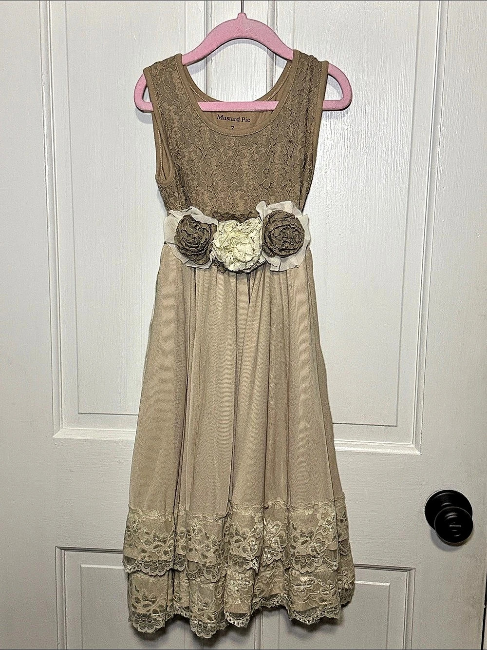 Girls Mustard Pie Floral Lace Dress Brown & Beige Size 7